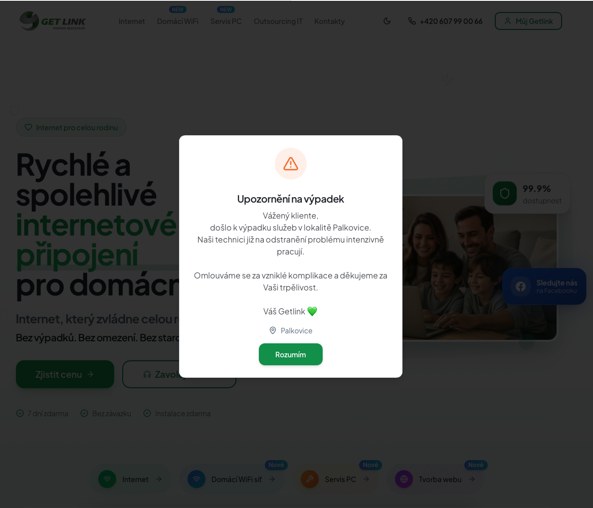 Informace o výpadcích přímo na webu